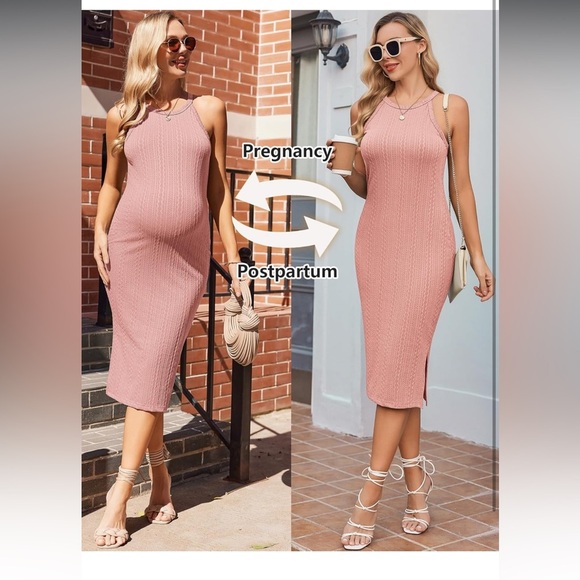 Ekouaer Maternity Dress Rib Knit Side Slit Stretchy Bodycon Pregnancy Dress - Picture 3 of 5